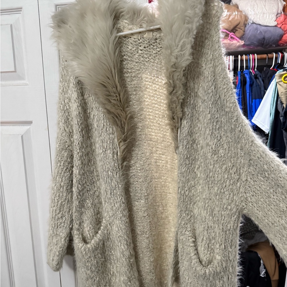 Anthropologie Cozy Gray Faux Fur Trim Cardigan